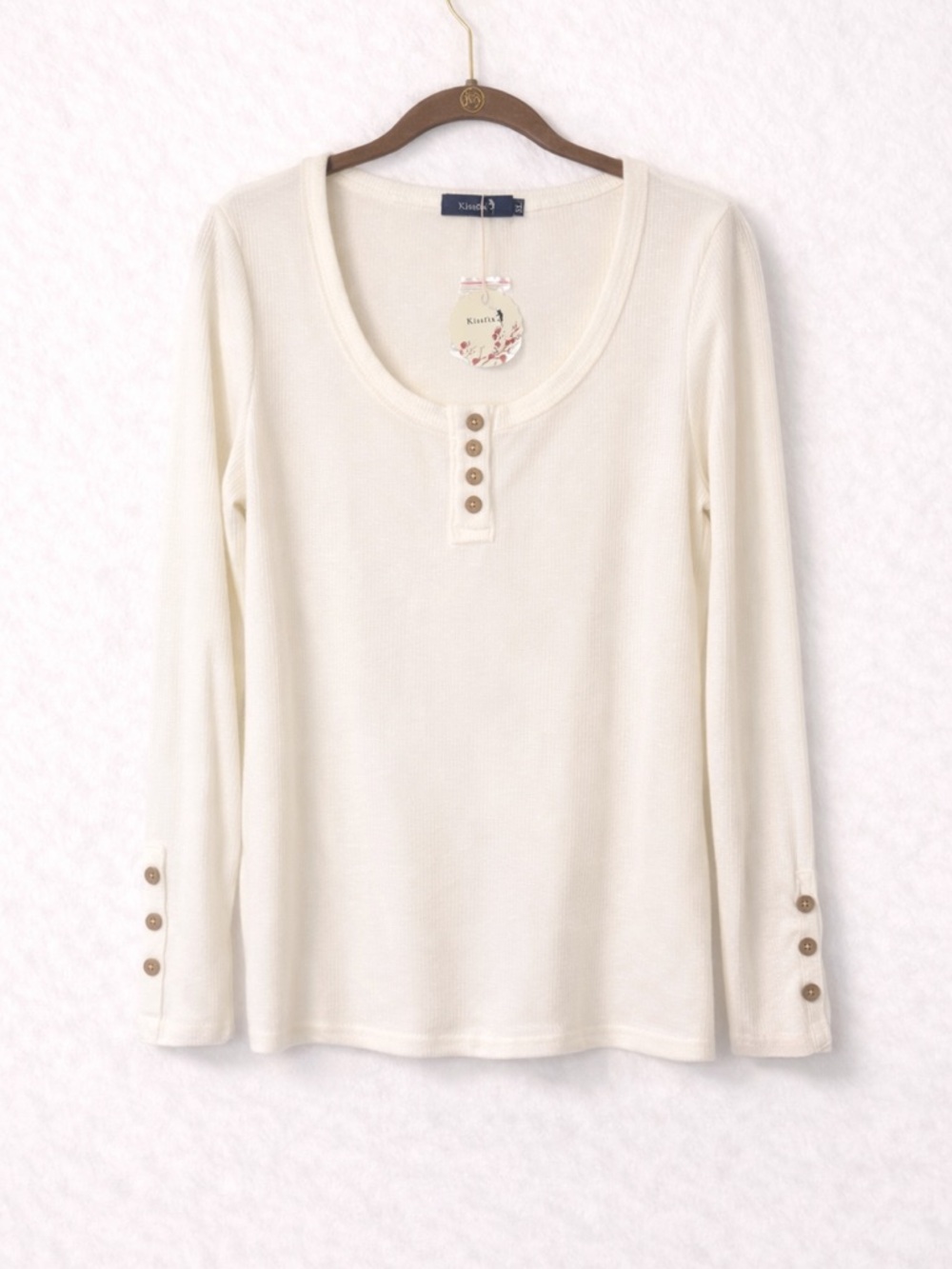 Kissfix White Ribbed Henley Long Sleeve Top Button Detail Soft Casual SizeXL NWT
